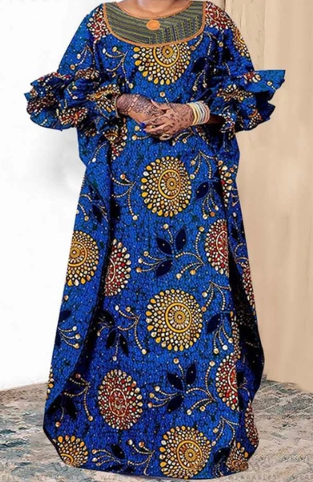 Blue African Dress with Ruffle Sleeves