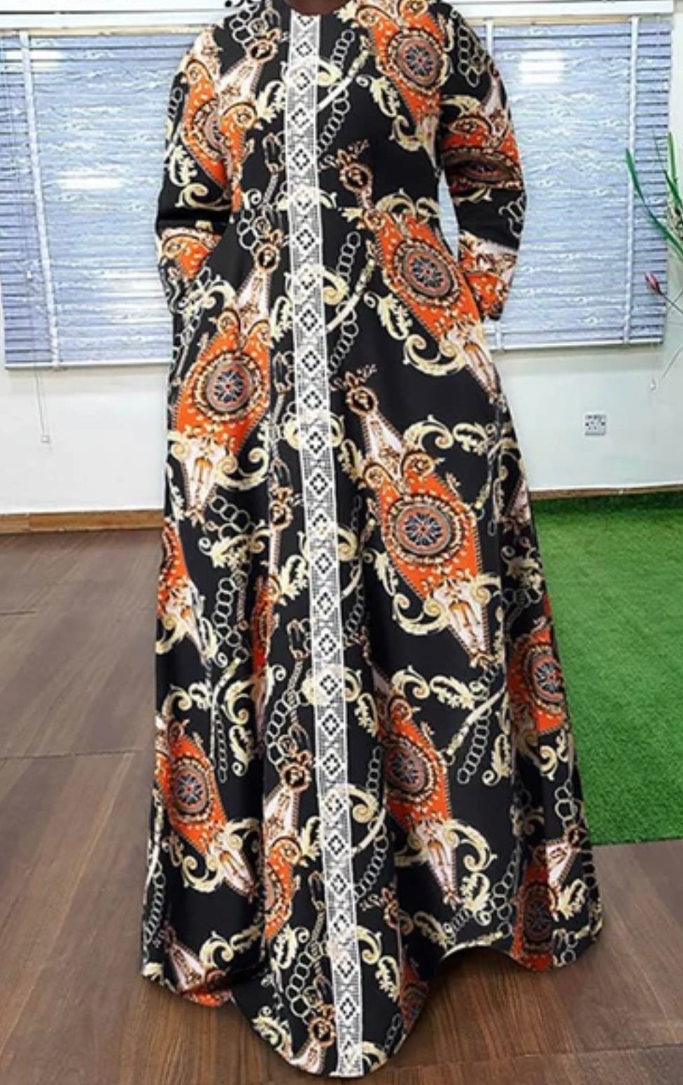 Abaya with Dashiki Inspired Print on Black Background with Lace Embellishment