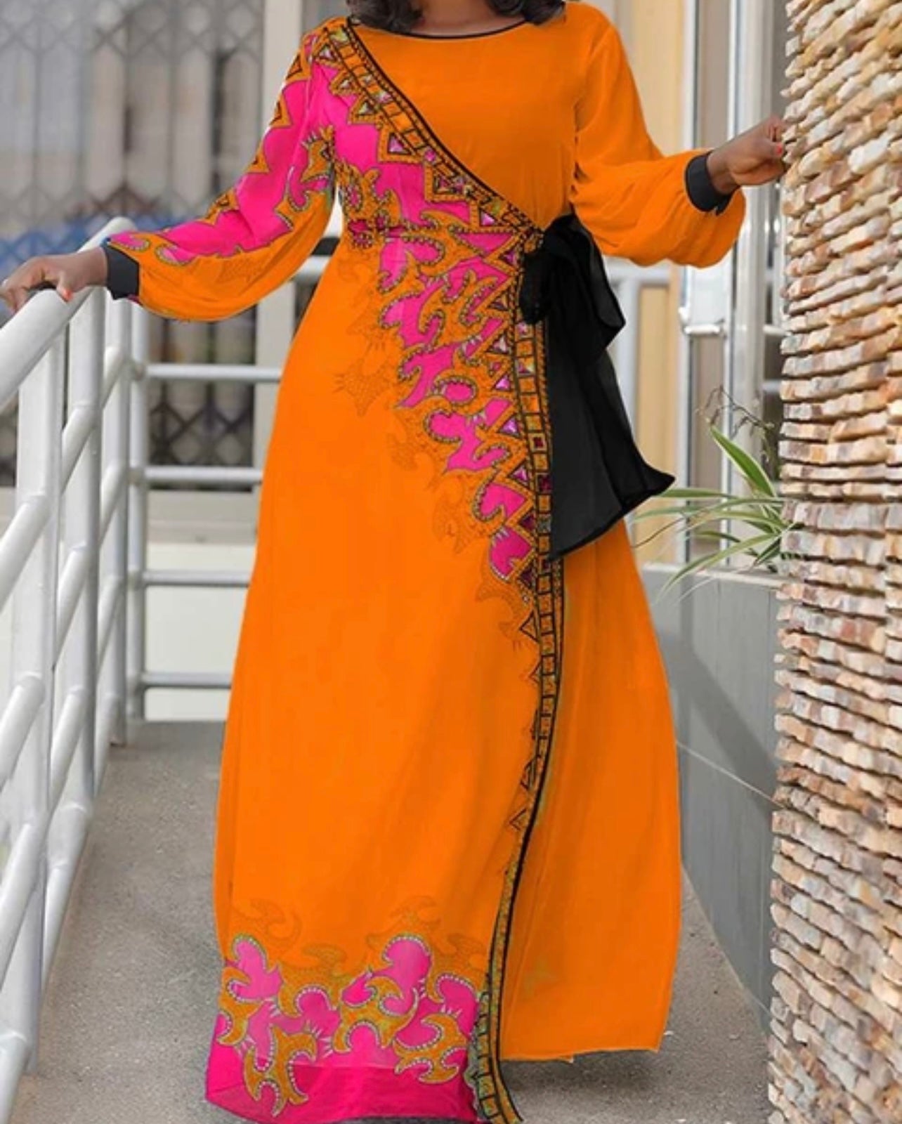 Modern African Orange Cross Over Dress with Kente Inspired Print