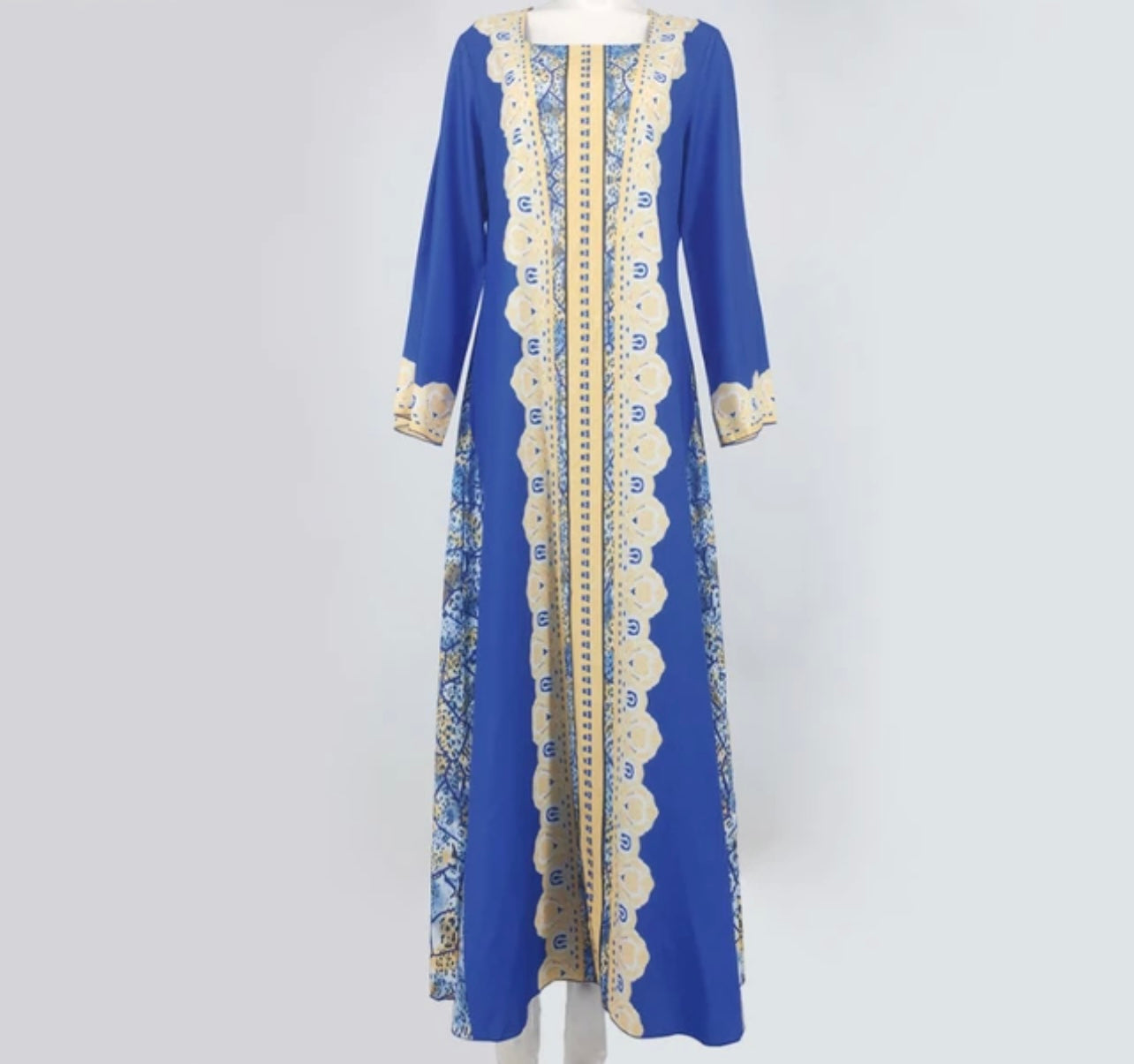 Moroccan Inspired Print on Light-Weight Blue Kaftan