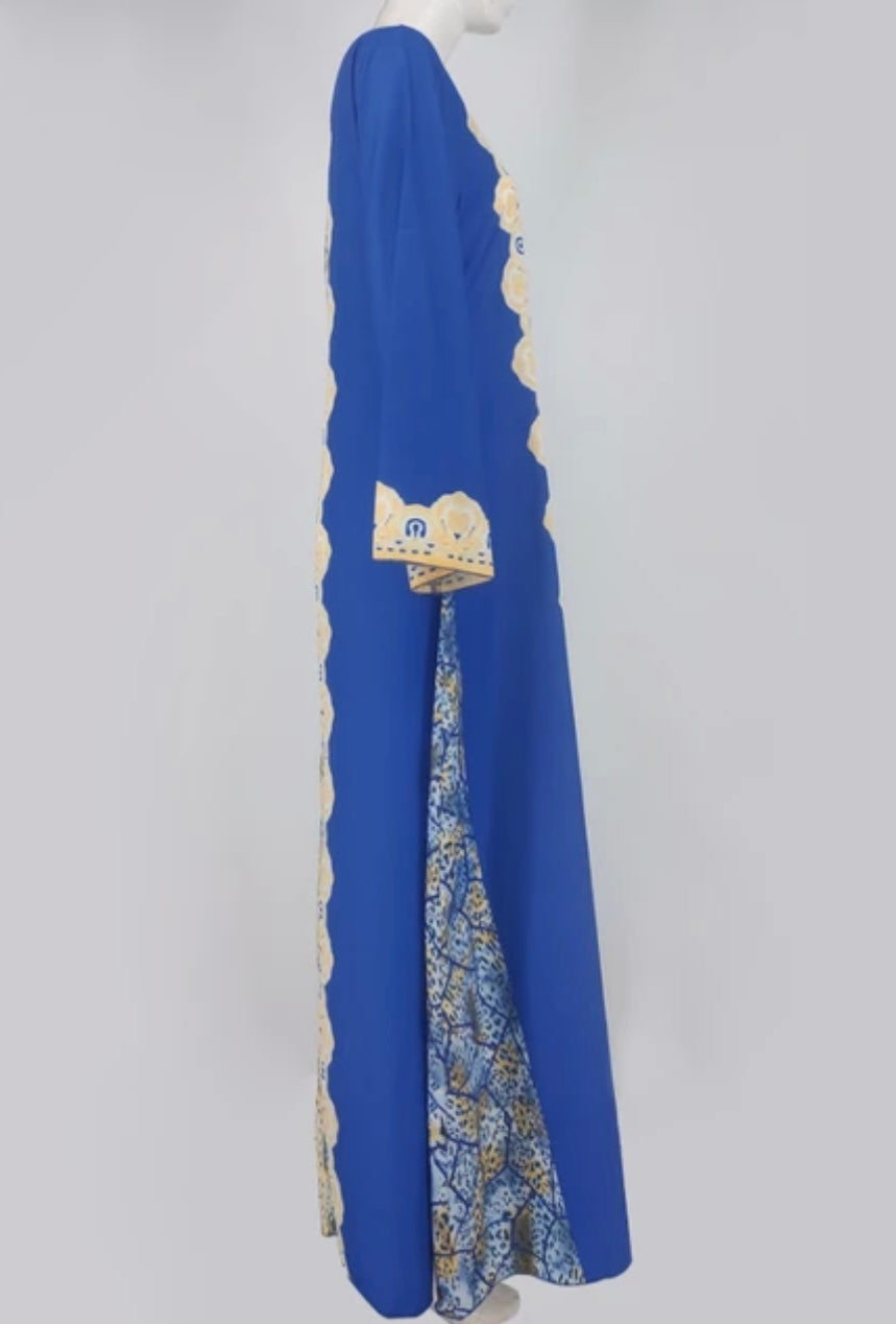 Moroccan Inspired Print on Light-Weight Blue Kaftan