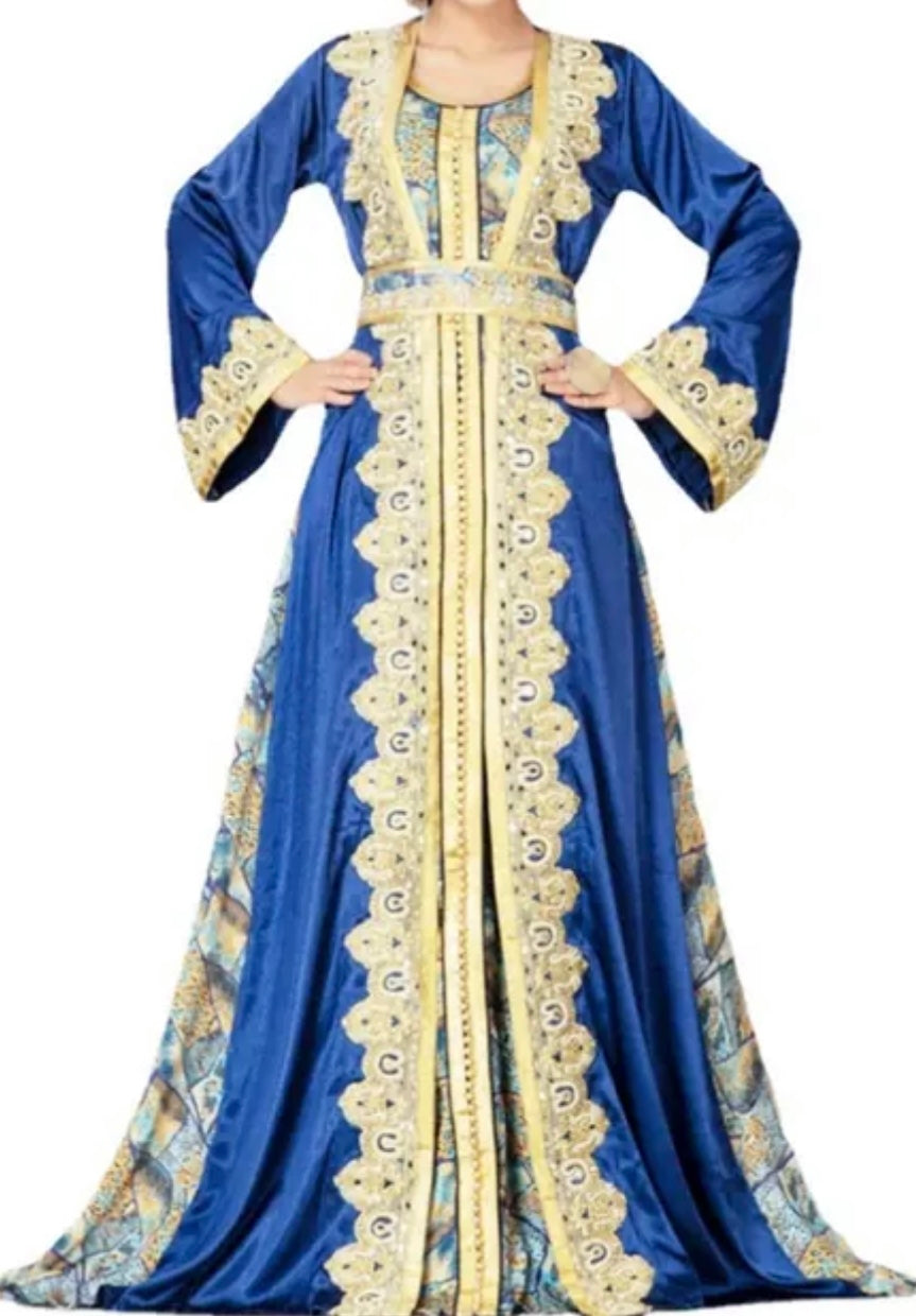 Moroccan Inspired Print on Light-Weight Blue Kaftan
