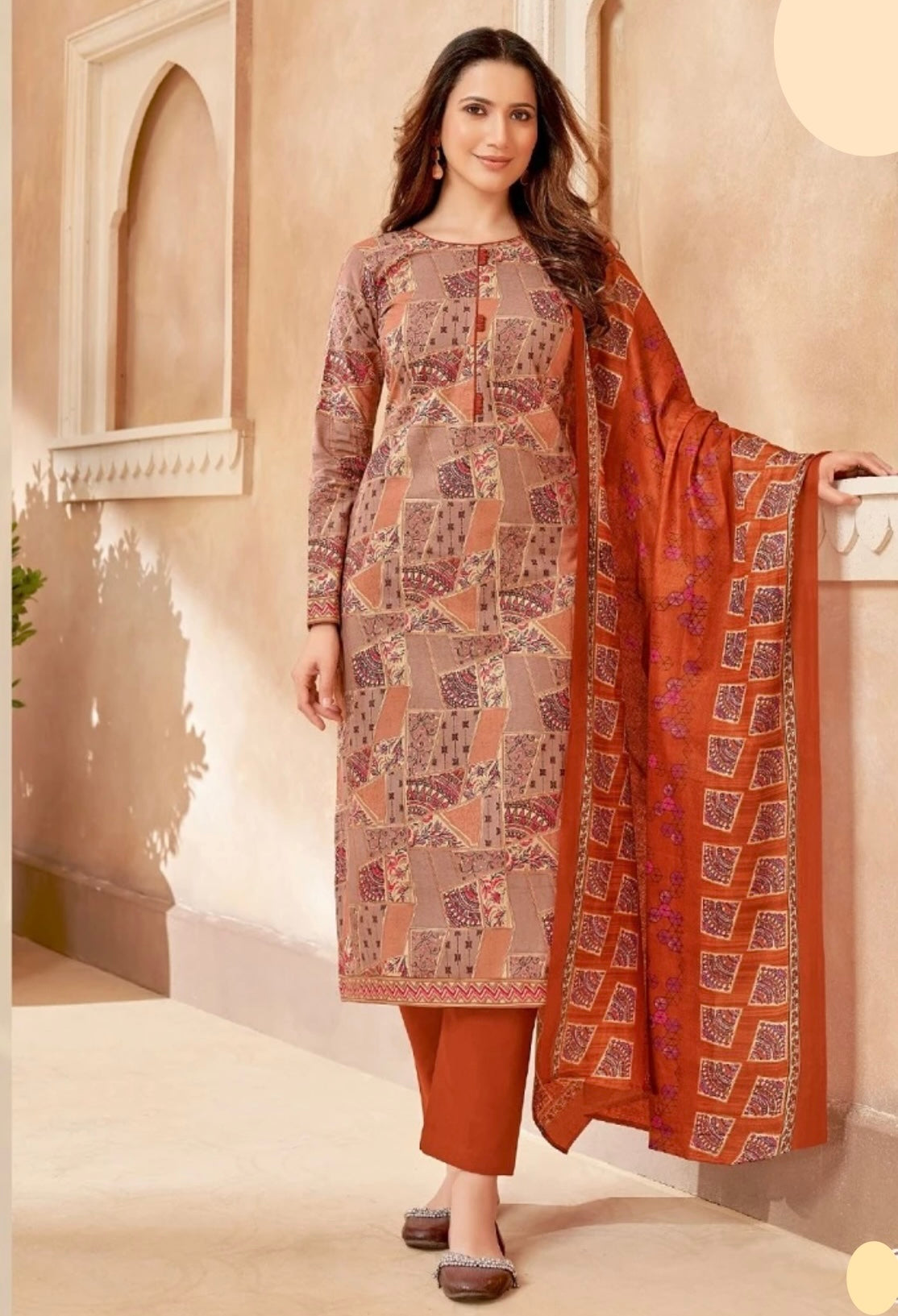 Burnt Orange Salwar Kameez with Crazy-Pave Patterned Print