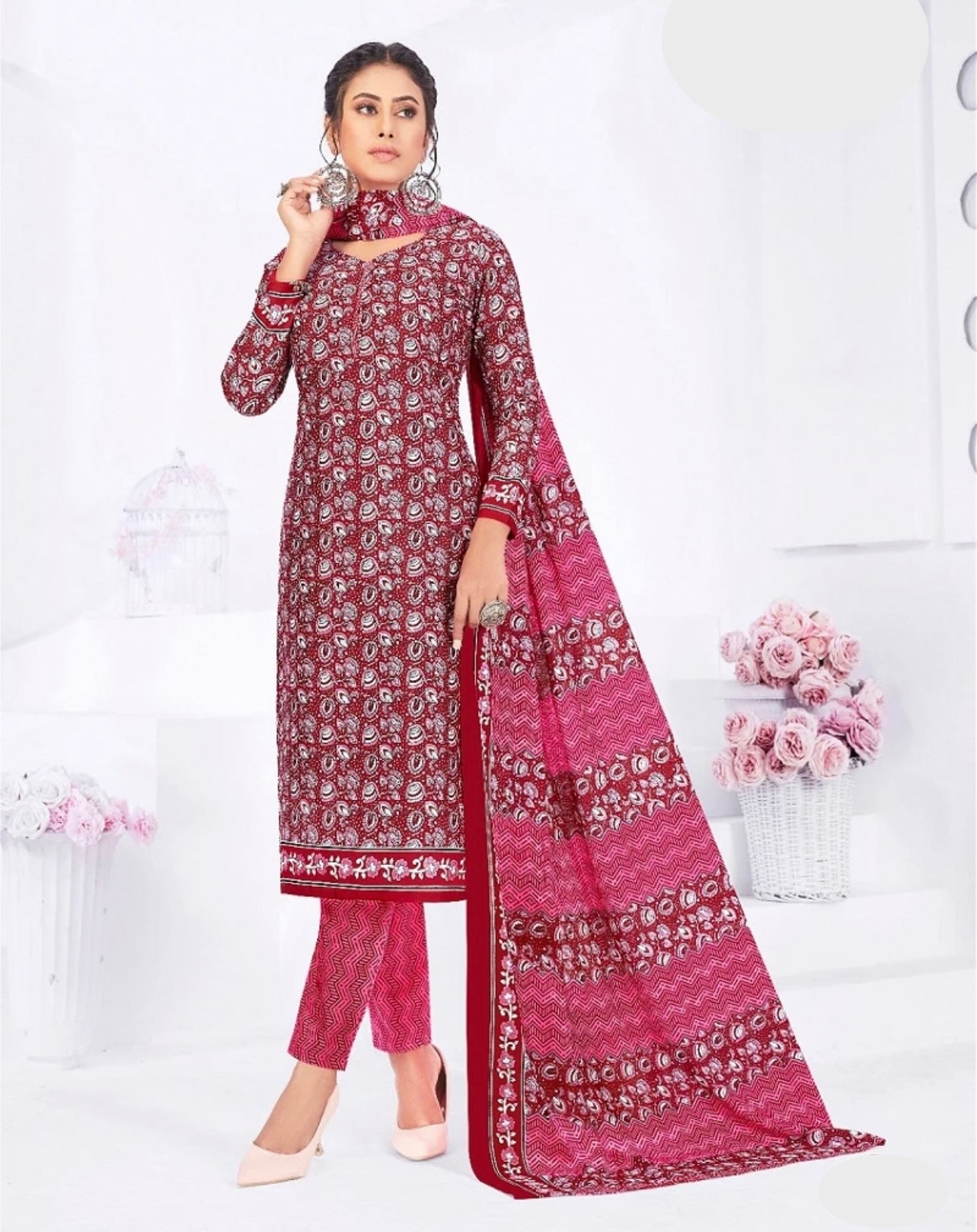 Maroon Salwar Kameez with Leaf Motif Print