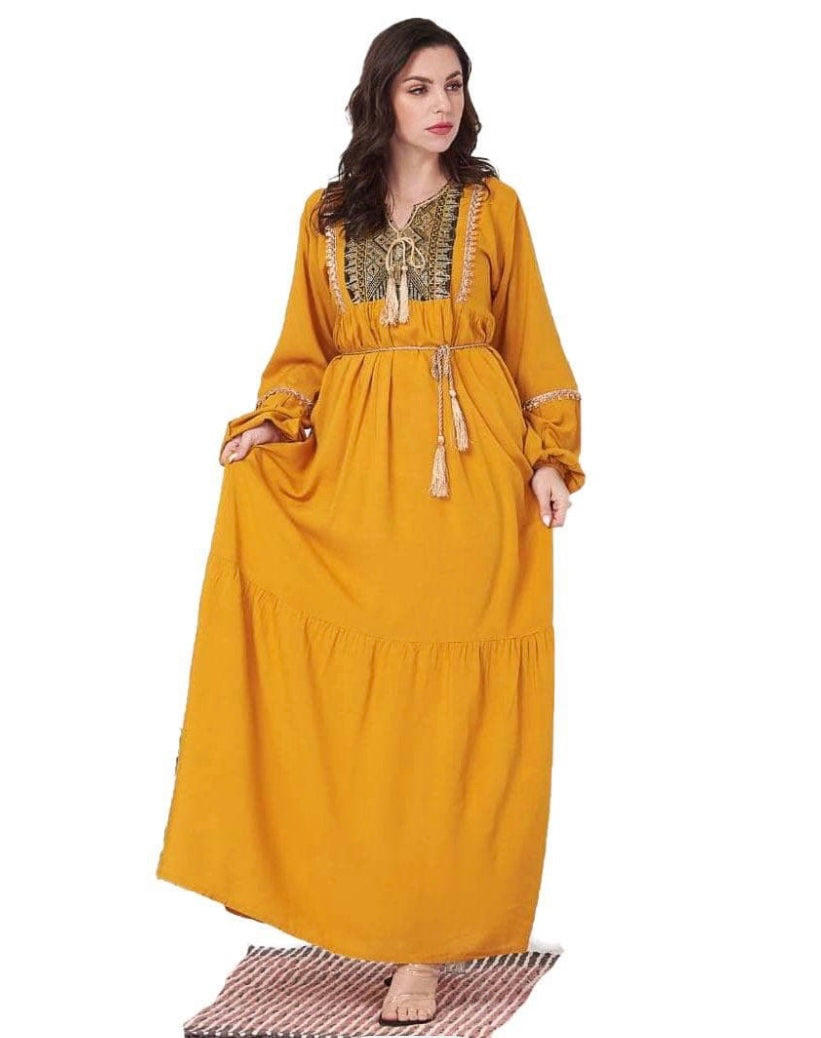 Yellow Abaya with Gold Embellishments and Classic Rope Tie