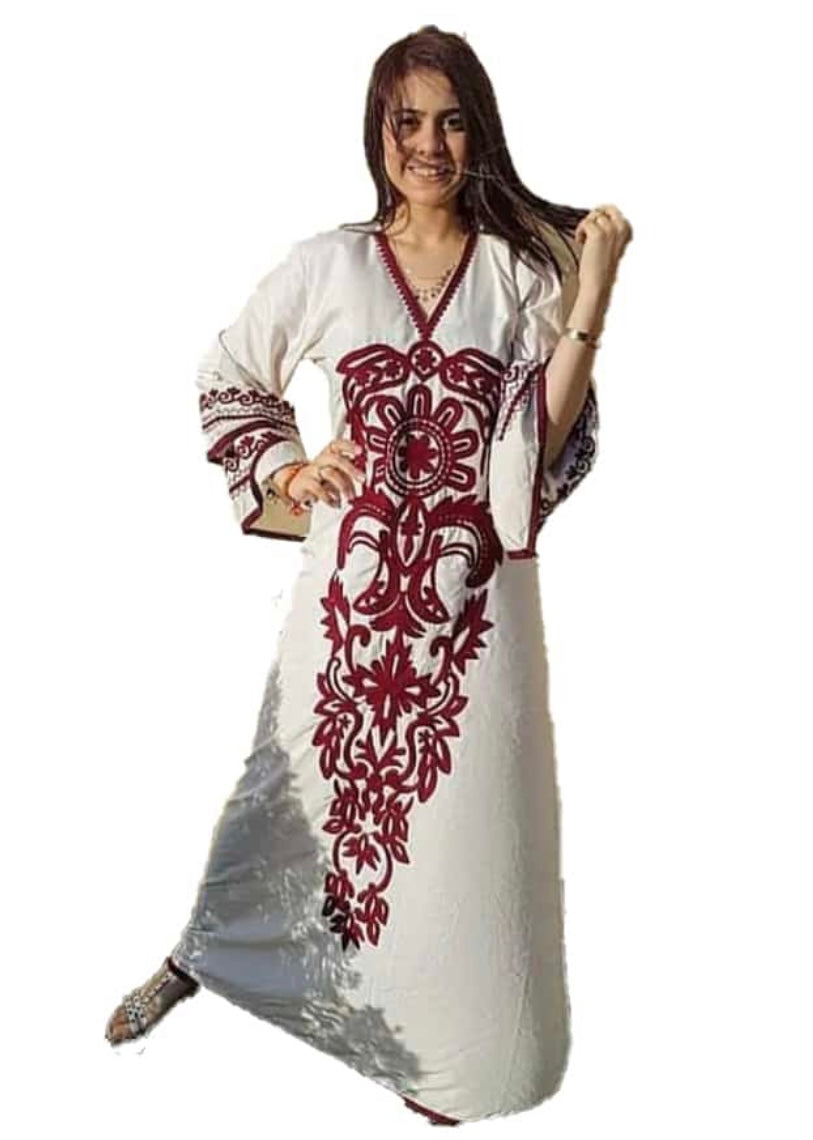 Traditionally Inspired Beige Abaya with Contrasting Red Embroidery and Layered Bell Sleeves