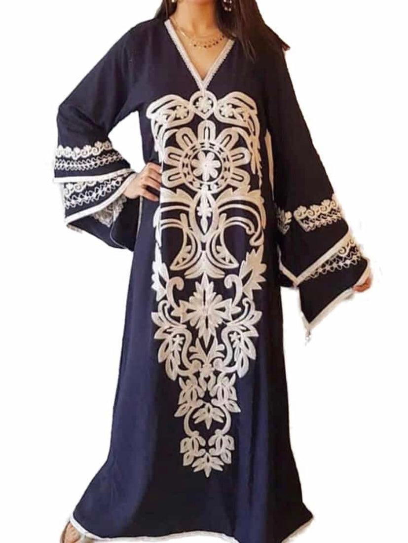 Traditionally Inspired Navy Blue Abaya with Contrasting White Embroidery and Layered Bell Sleeves