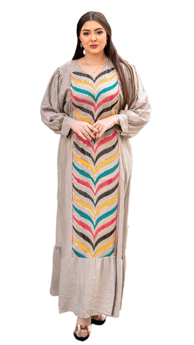 Cappuccino Coloured Linen Embroidered Abaya Dress