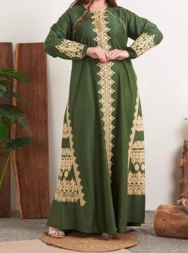 Moss Green Traditional Style Abaya with Gold Embellishments