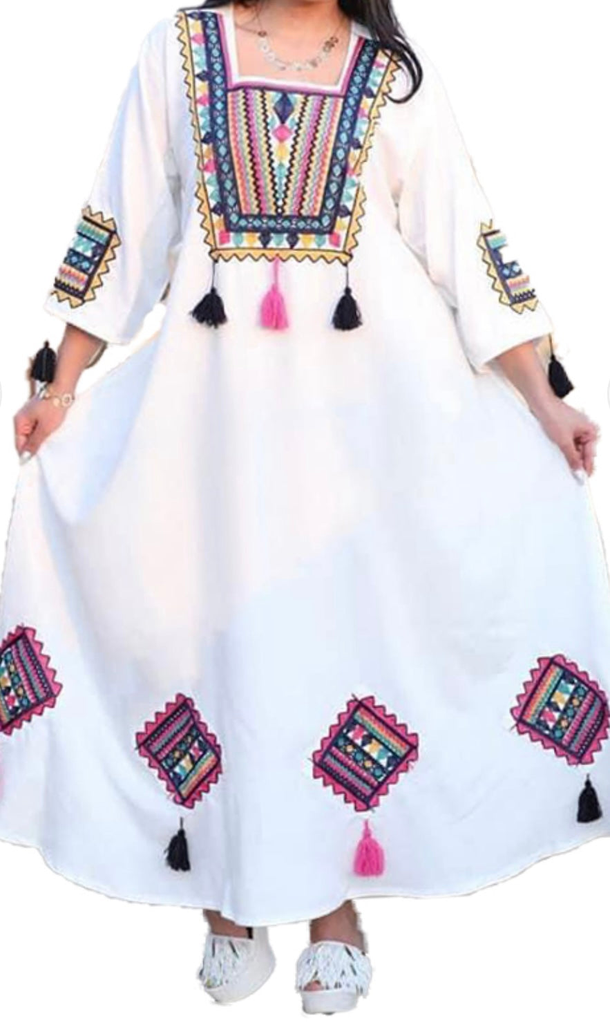 White Abaya with Multicoloured Embroidery Panels and Tassels