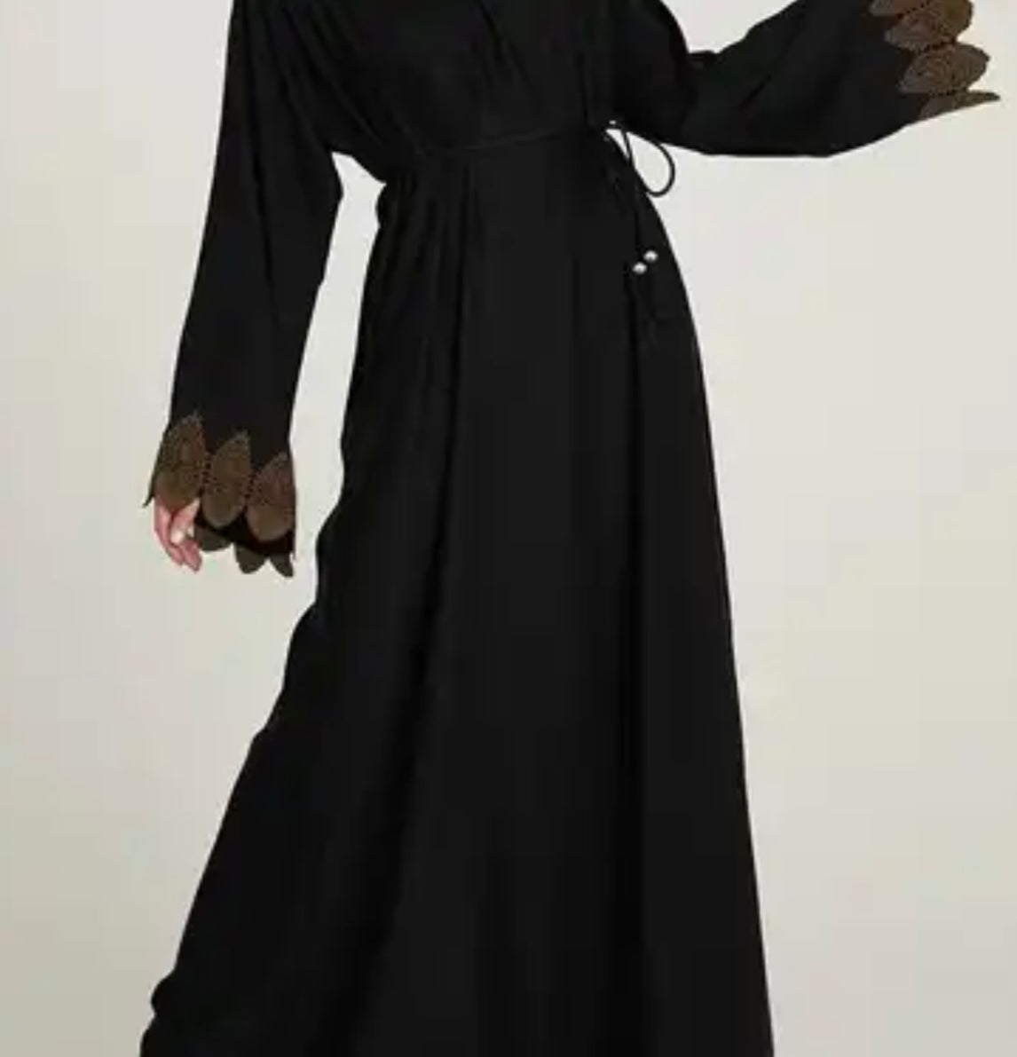 Light-Weight Black Closed Abaya with Bronze Lace Cuff