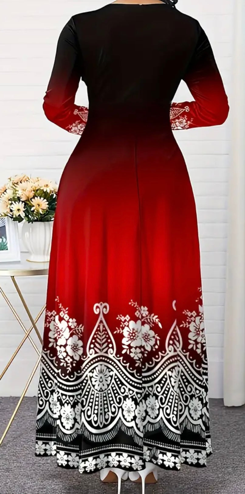 Polynesian Inspired Pattern on a Red and Black Ombré Dress