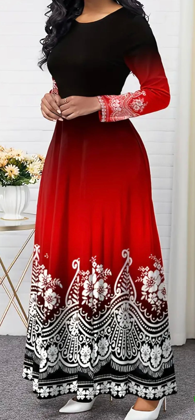 Polynesian Inspired Pattern on a Red and Black Ombr Dress Myriad Modest Fashion Polynesian Inspired Pattern on a Red and Black Ombr Dress Myriad Modest Fashion
