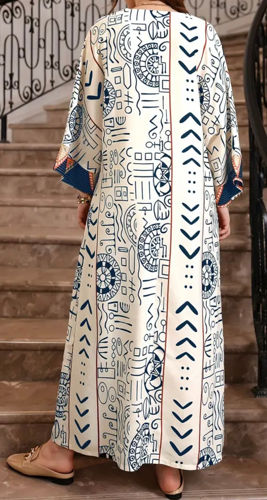 Mayan Inspired Design on Crisp Blue and White Abaya