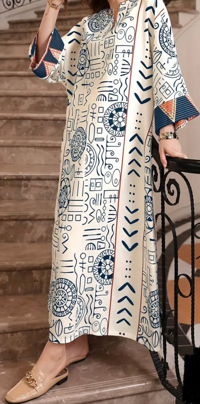 Mayan Inspired Design on Crisp Blue and White Abaya