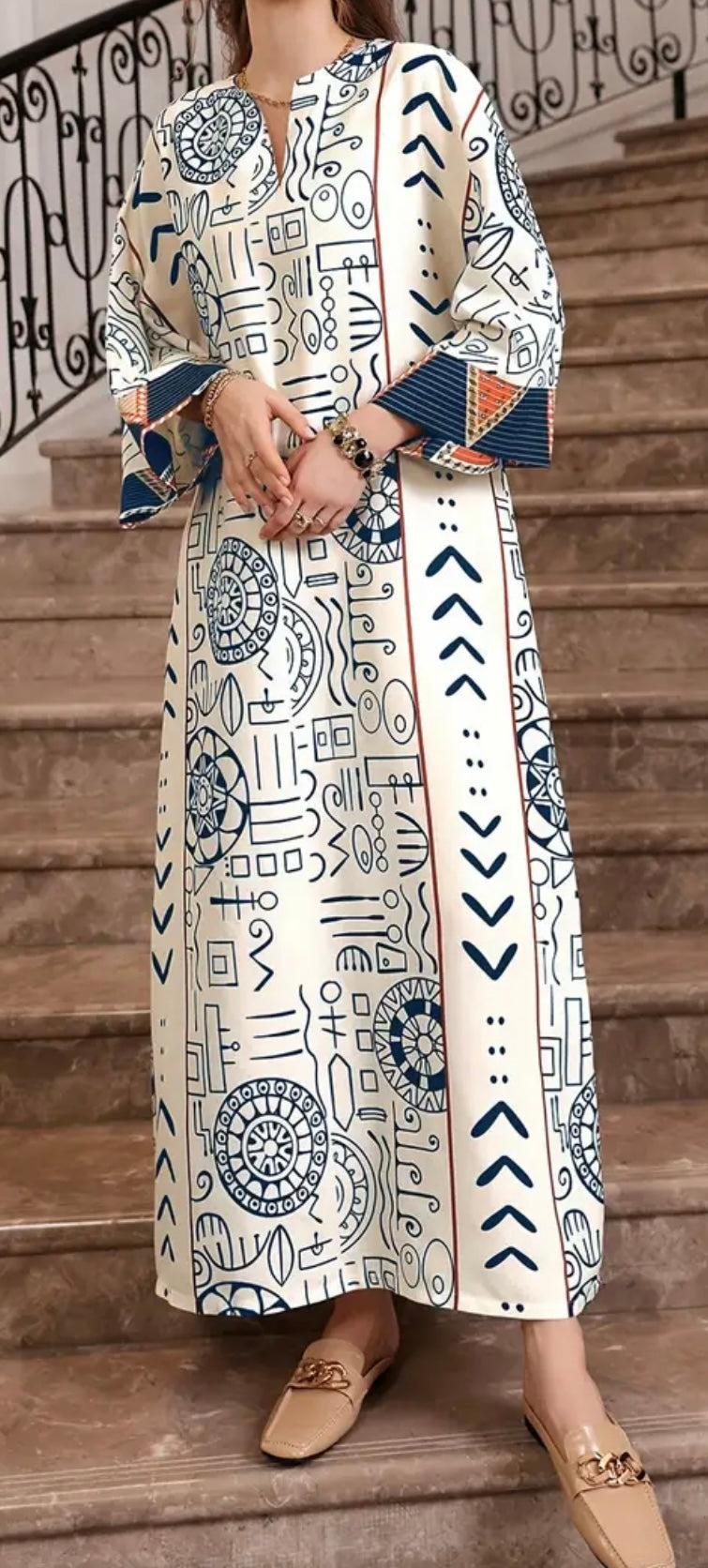 Mayan Inspired Design on Crisp Blue and White Abaya