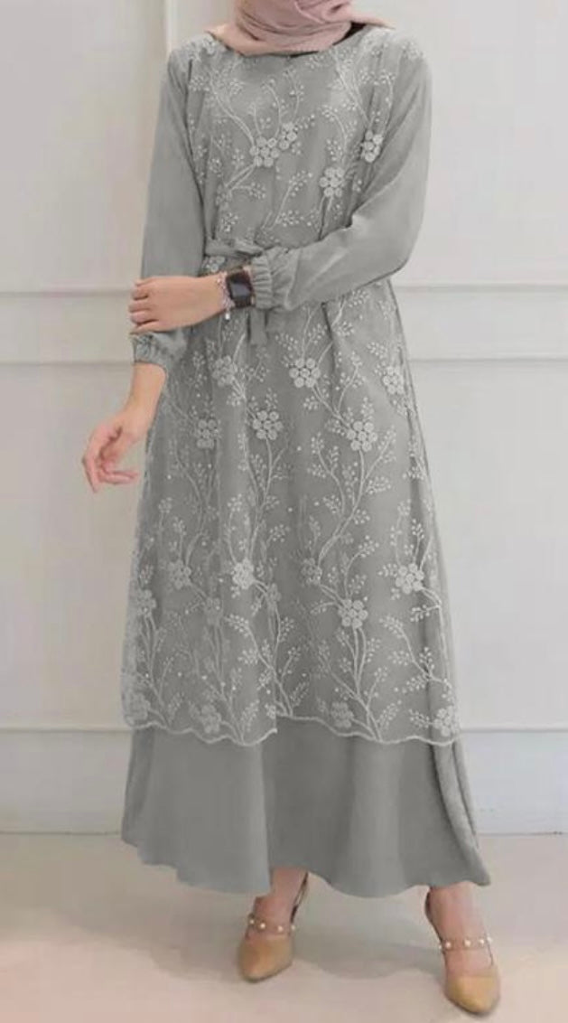 Grey Abaya with Lace Overlay