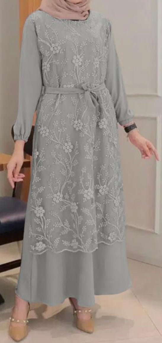 Grey Abaya with Lace Overlay