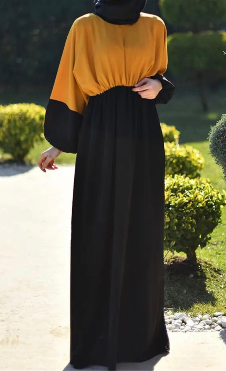 Ochre and Black Colour Blocked Straight Abaya Dress