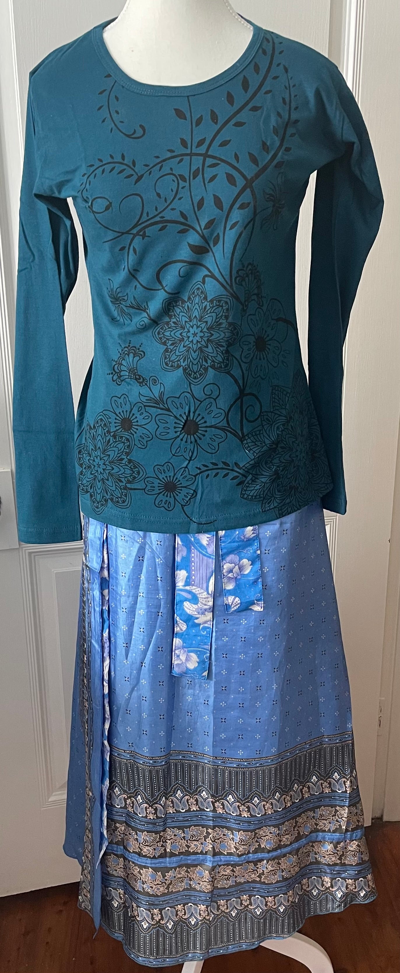 Sari Silk Double Sided Wrapper Skirt - Blue