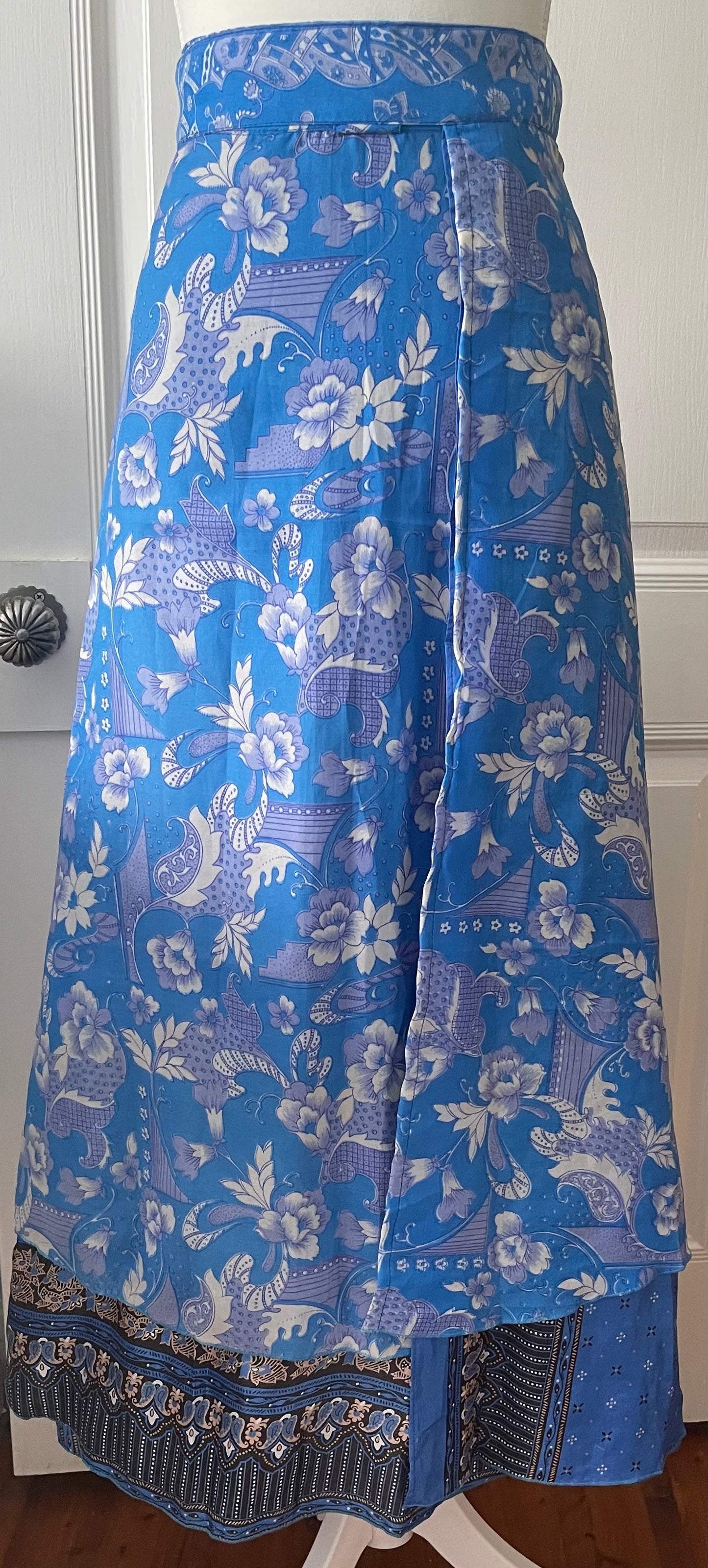 Sari Silk Double Sided Wrapper Skirt - Blue