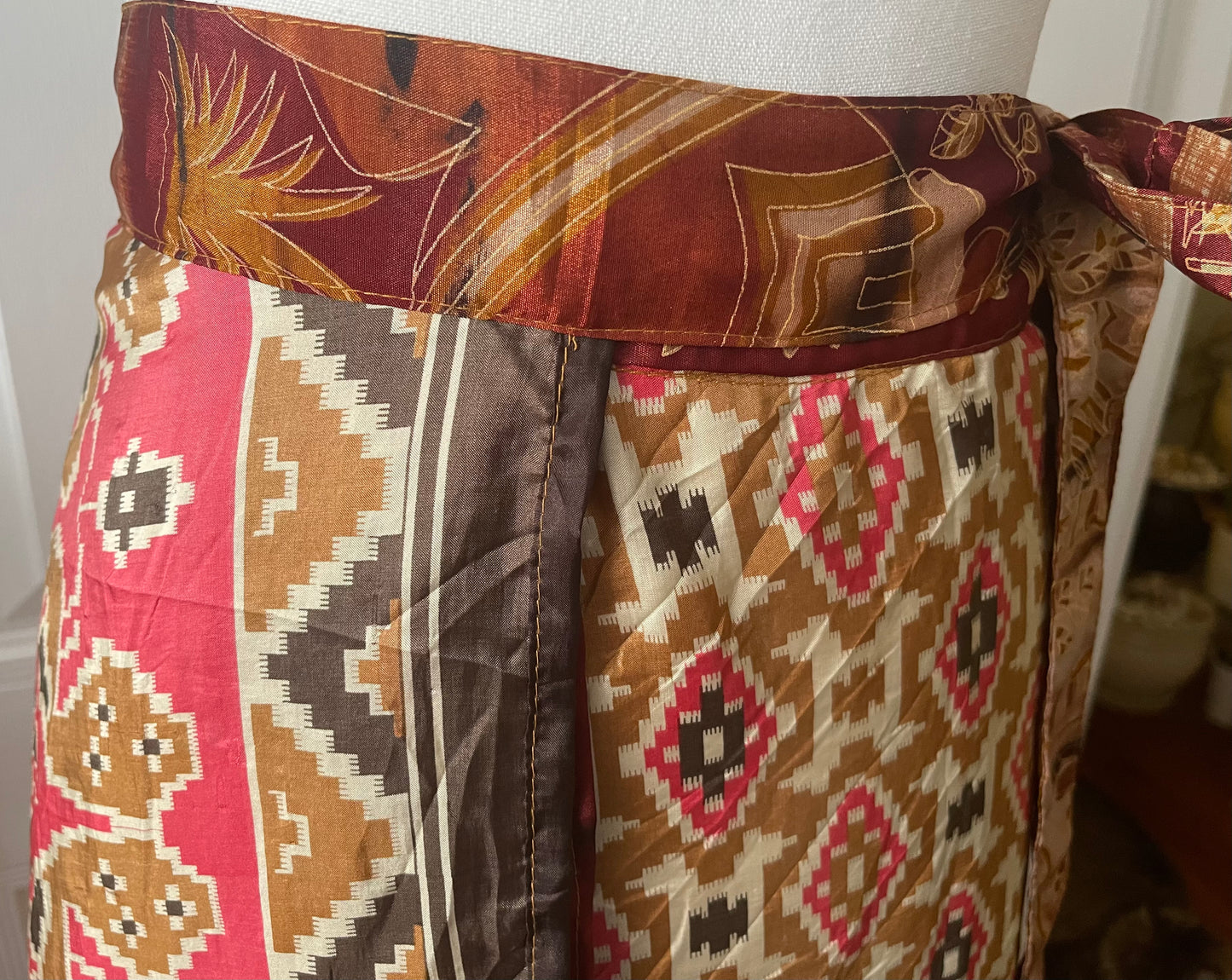 Sari Silk Double Sided Wrapper Skirt - Ochre Reds and Browns