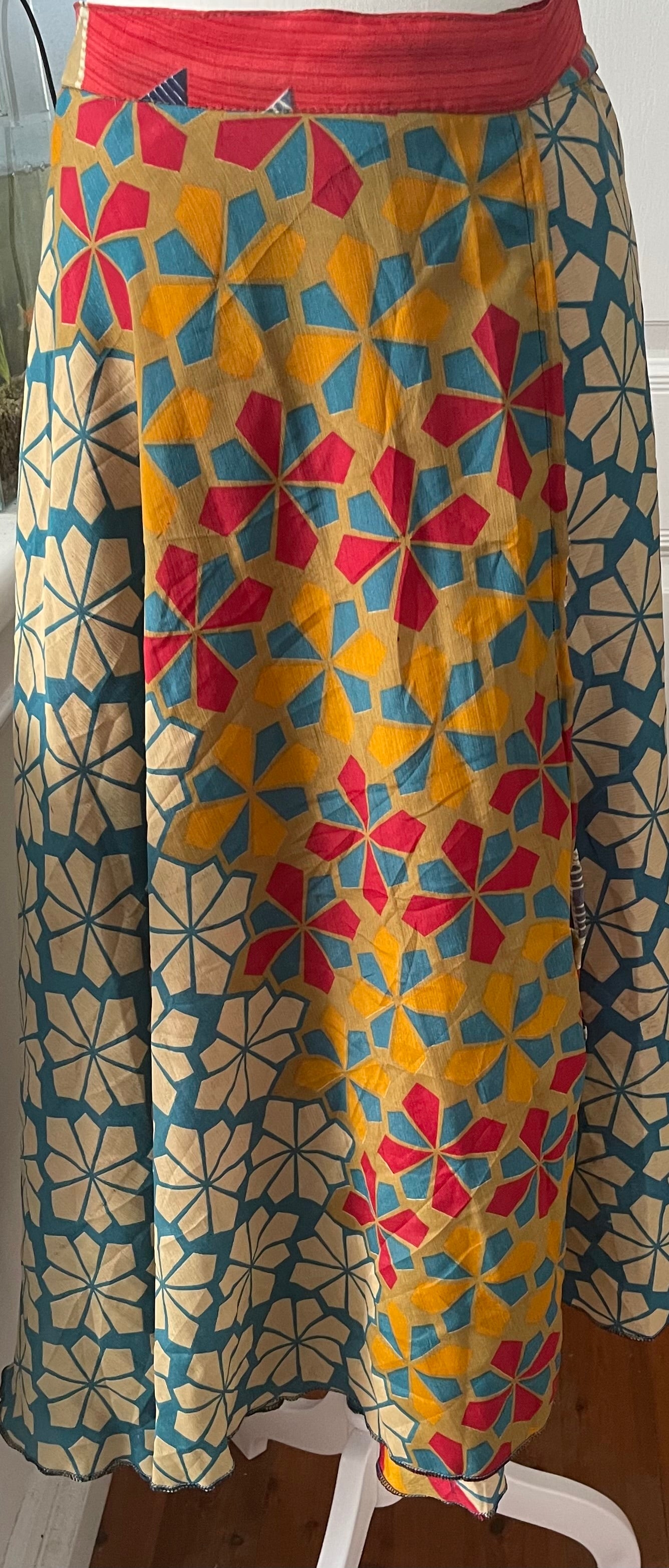 Sari Silk Double Sided Wrapper Skirt - Geometric Design in Red and Blue
