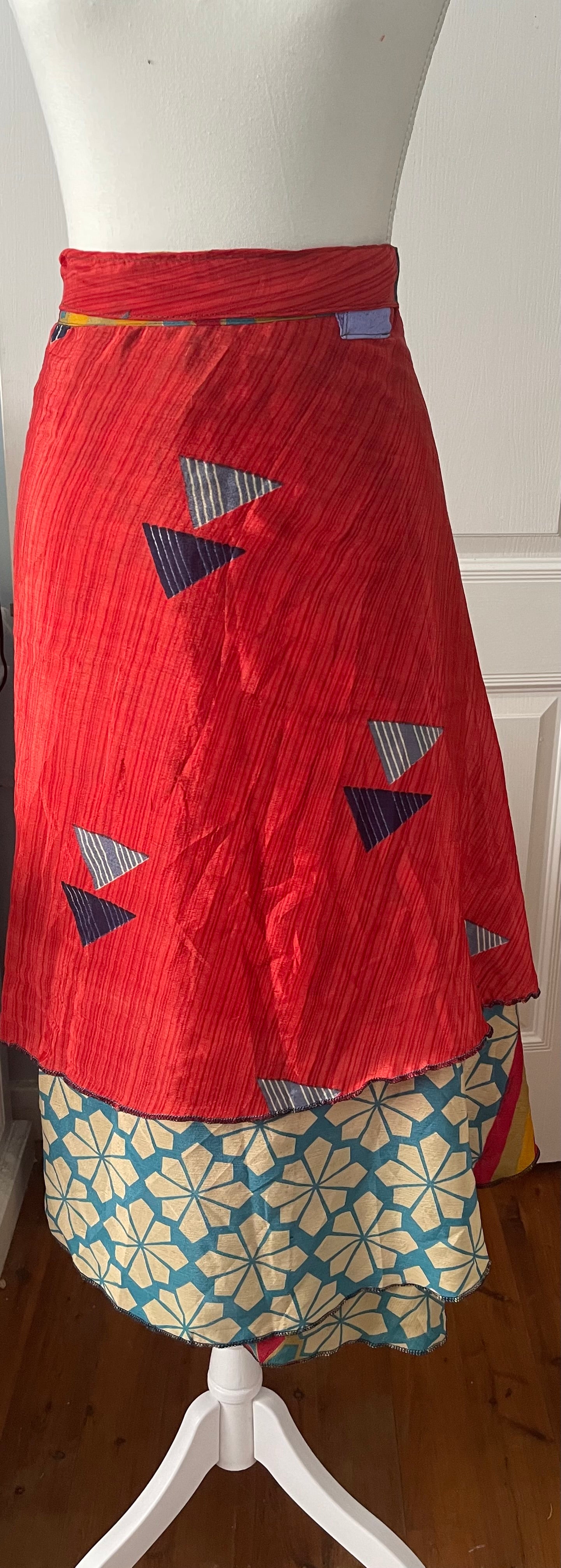 Sari Silk Double Sided Wrapper Skirt - Geometric Design in Red and Blue