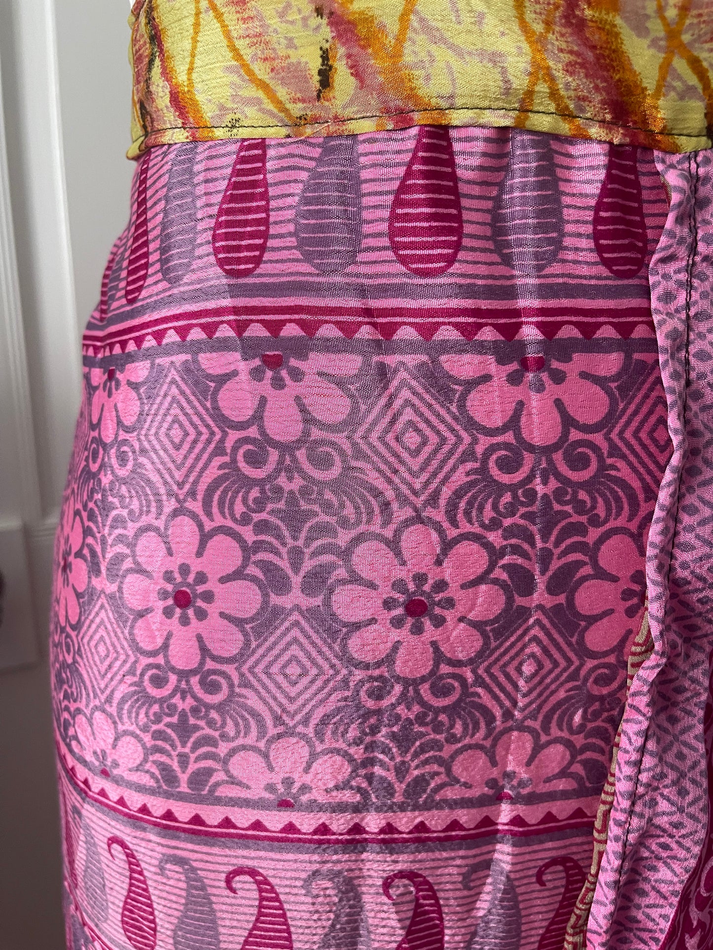 Sari Silk Double Sided Wrapper Skirt - Pink and Golden Yellow
