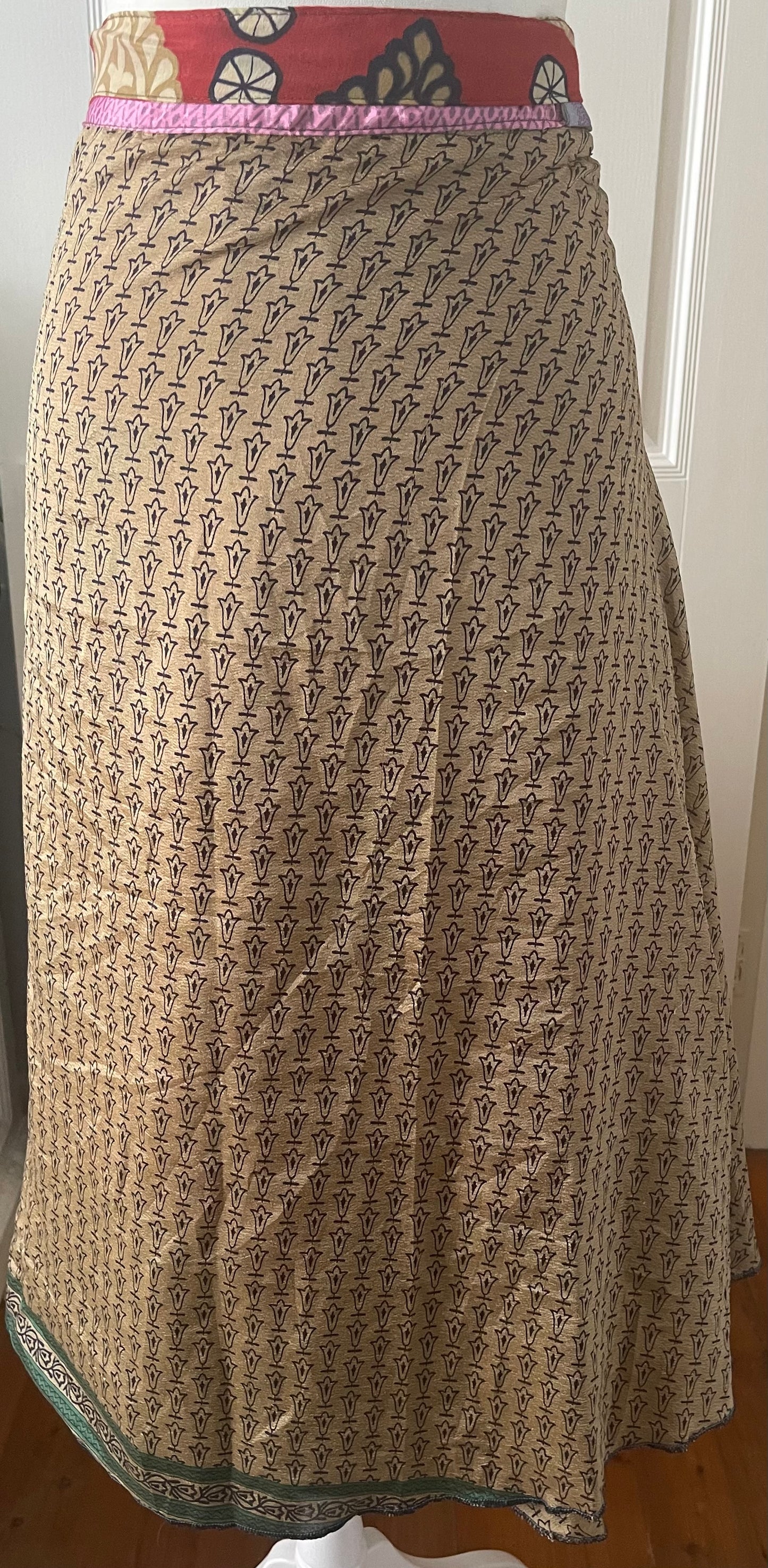 Sari Silk Double Sided Wrapper Skirt - Antique Gold and Red