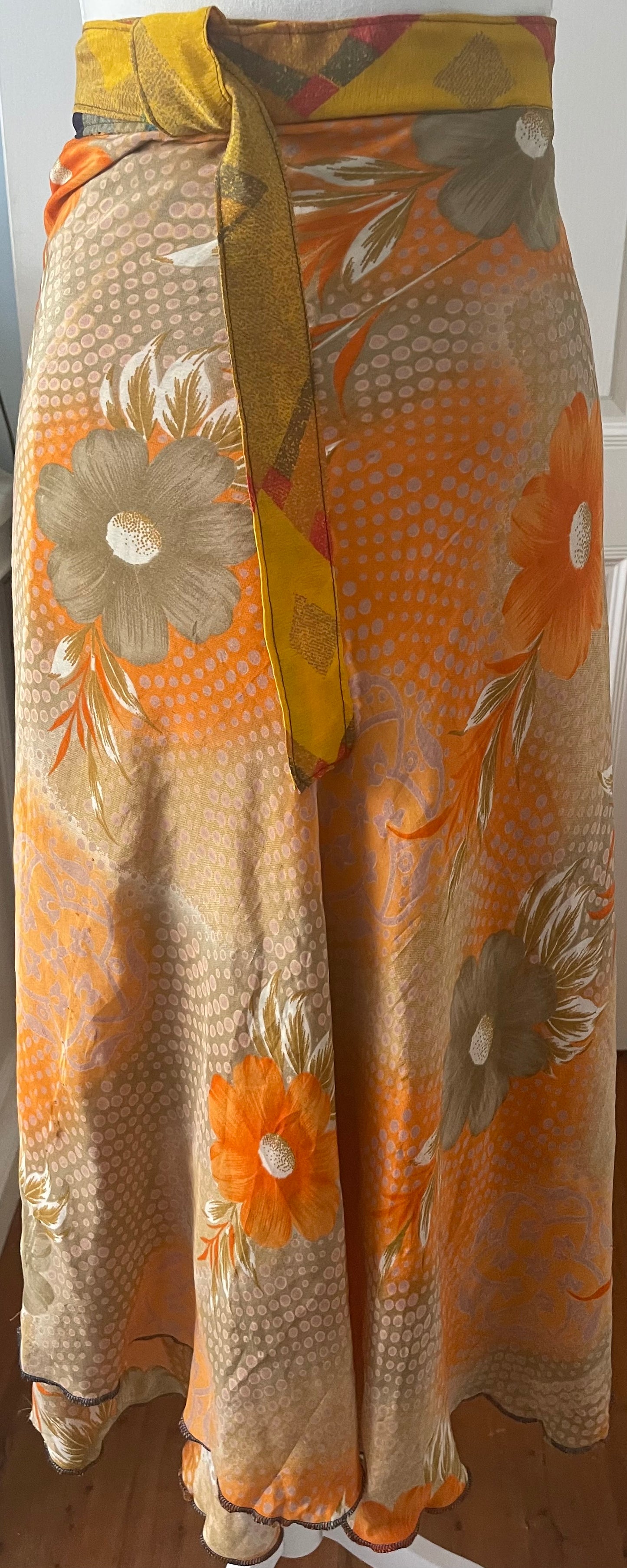 Sari Silk Double Sides Wrapper Skirt - Orange and Warm Beige