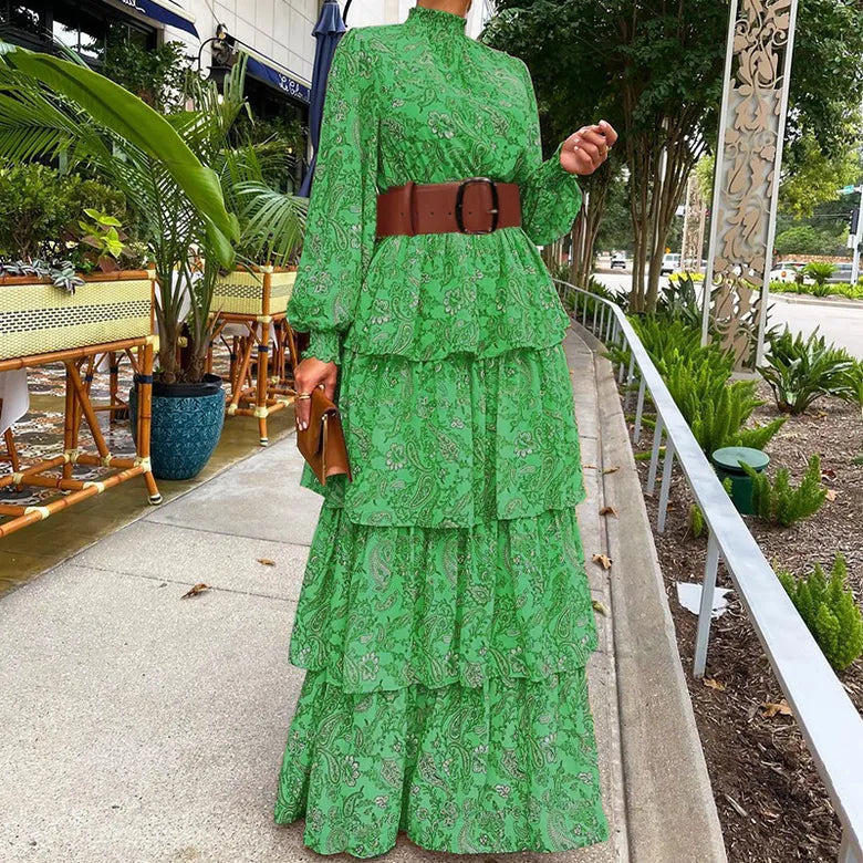 Green Paisley Tiered Ruffled Dress with High Collar