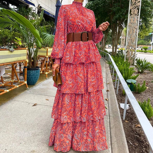 Pink Paisley Tiered Ruffled Dress with High Collar