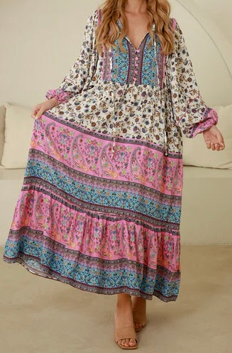 Cream, Pink and Blue Bohemian Floral Dress