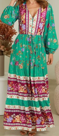 Green and Maroon Bohemian Dress