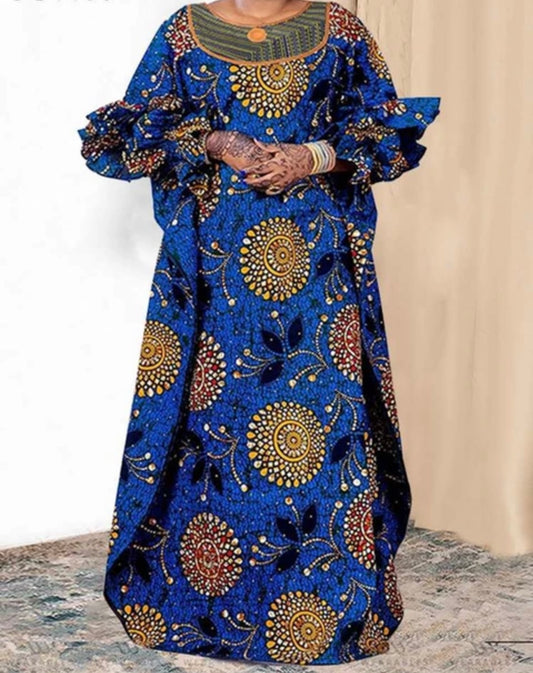 Blue African Dress with Ruffle Sleeves