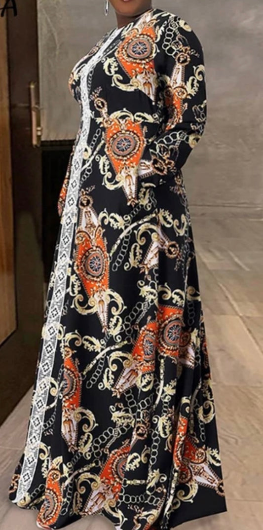 Abaya with Dashiki Inspired Print on Black Background with Lace Embellishment
