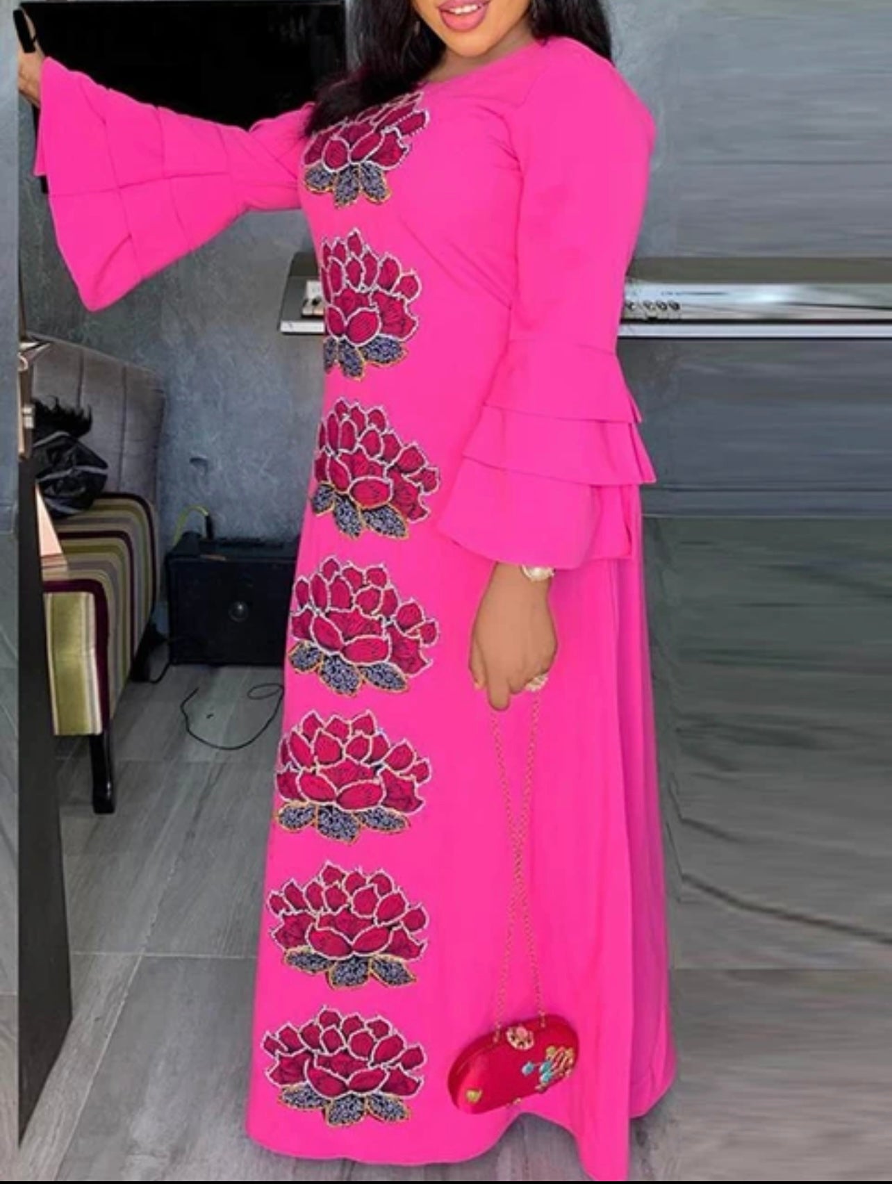 Fuchsia Pink Large Floral Embroidered Appliqué Abaya Dress