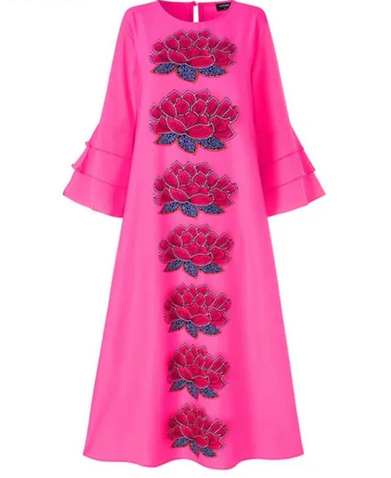 Fuchsia Pink Large Floral Embroidered Appliqué Abaya Dress