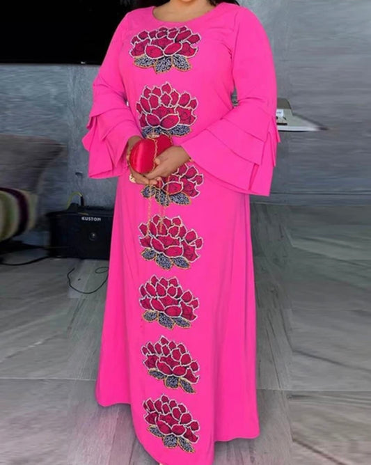 Fuschia Pink Large Floral Embroidered Appliqué Abaya Dress