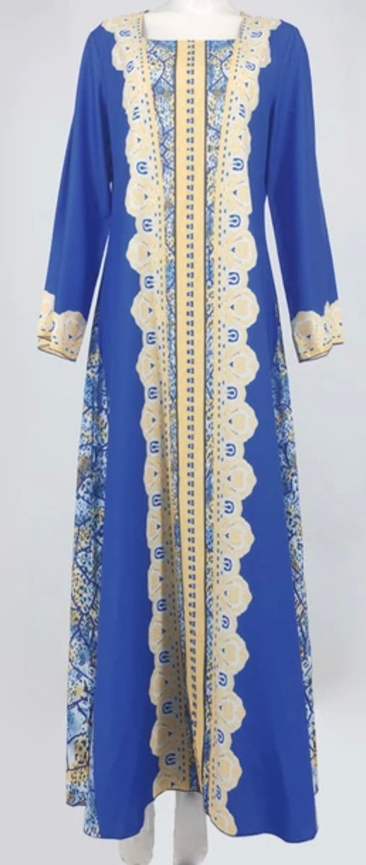 Moroccan Inspired Print on Light-Weight Blue Kaftan