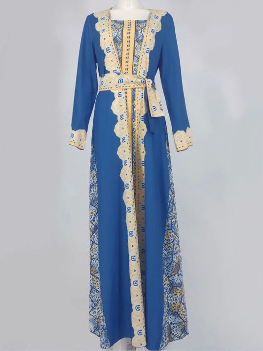 Moroccan Inspired Print on Light-Weight Blue Kaftan