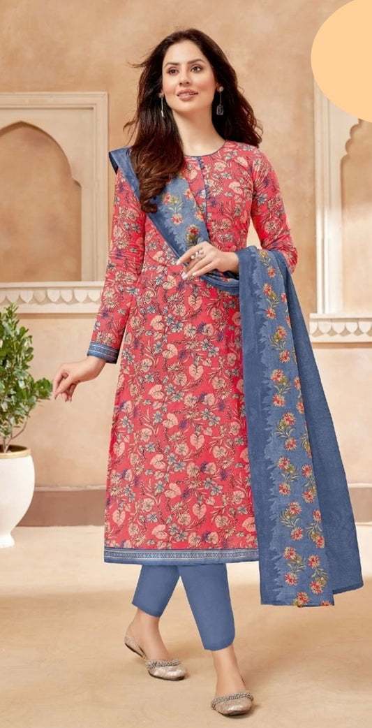 French Blue and Pink Salwar Kameez with Floral Print