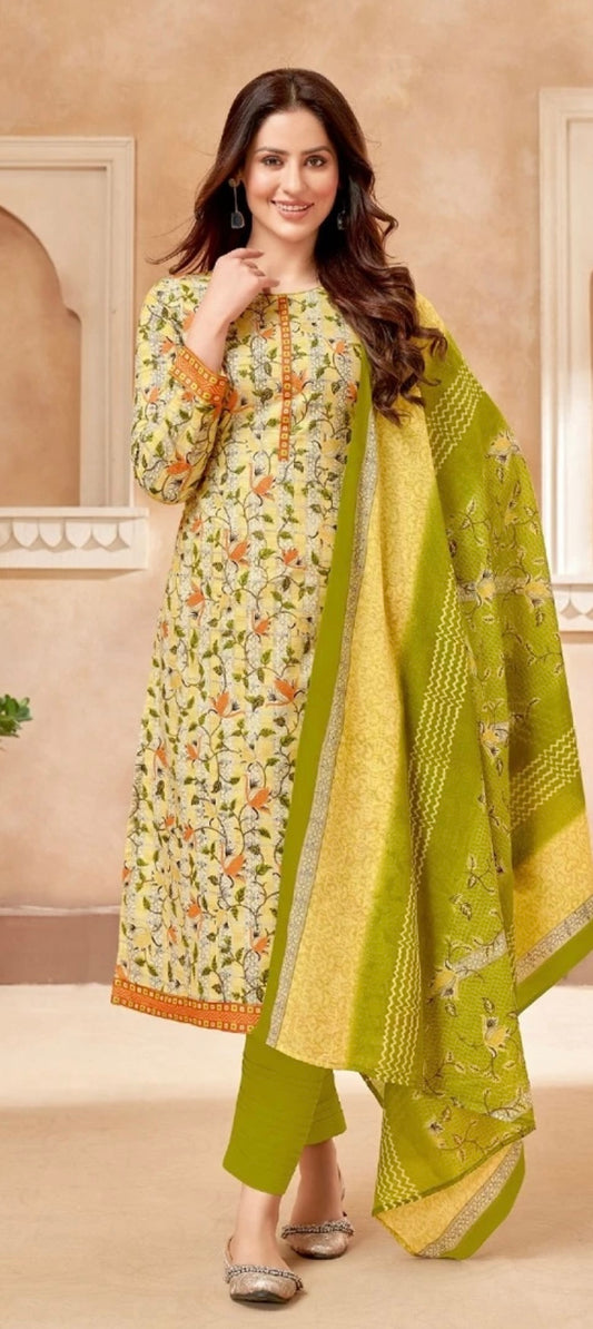 Lemon and Lime Coloured Salwar Kameez with Flowering Vine Print