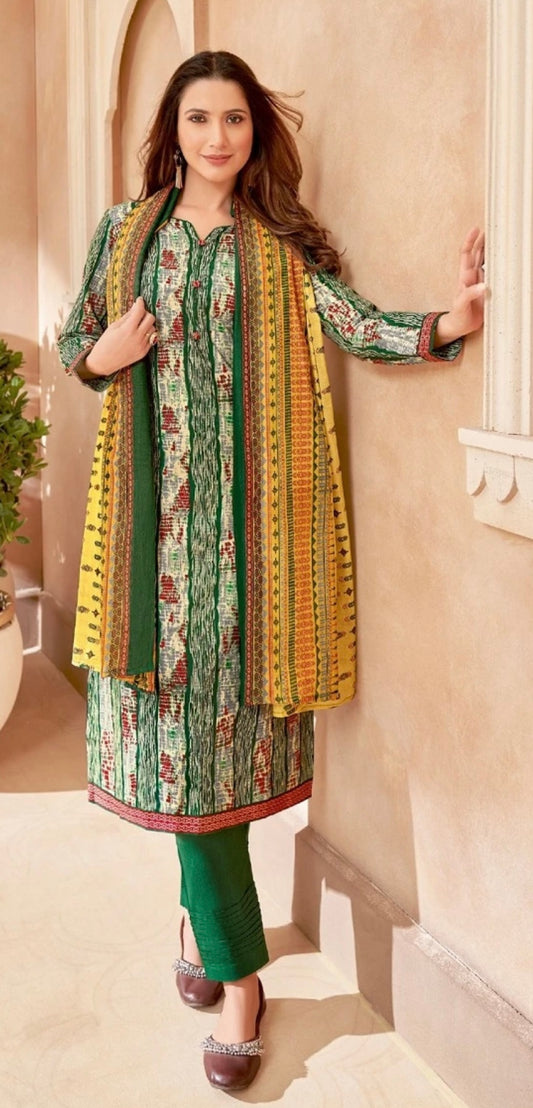 Green and Gold Salwar Kameez with Vertical Patterned Print