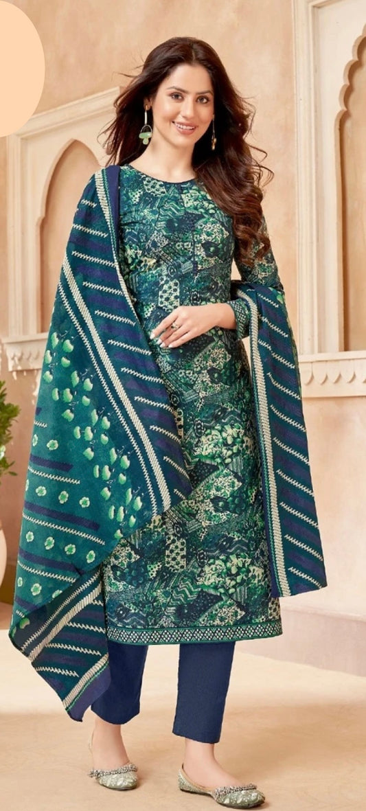 Peacock Coloured Salwar Kameez with Patchwork Pattern Print