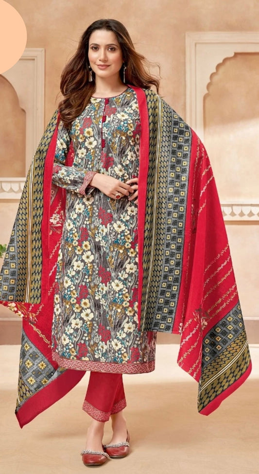 Red and Grey Salwar Kameez with Flower Meadow Print