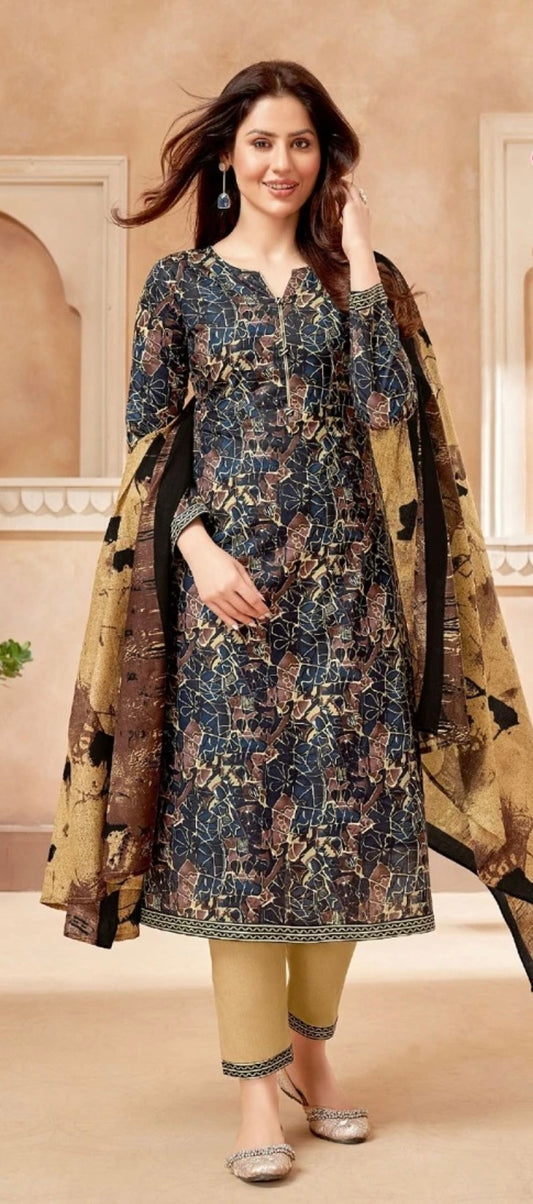 Steel Blue and Beige Salwar Kameez with Abstract Pattern Print