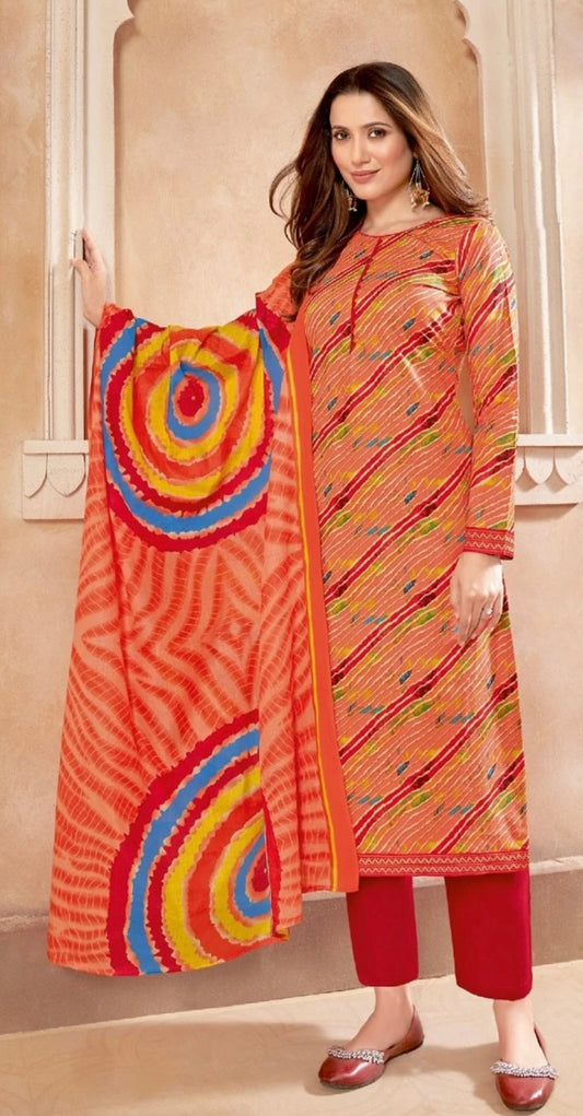 Red Salwar Kameez with Diagonal and Tie-Dyed Pattern Print