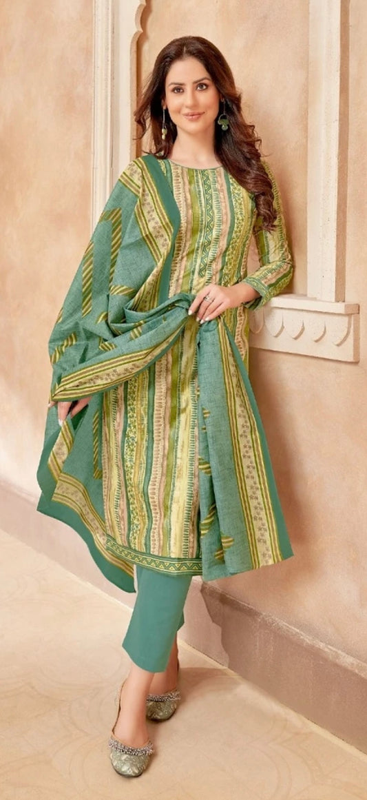 Moss Green Salwar Kameez with Vertical Striped Pattern Print